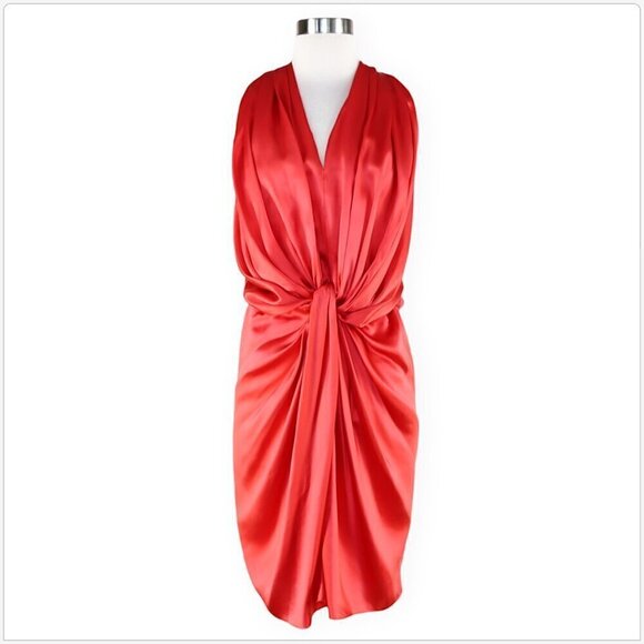 Lanvin Pink Geranium Knotted Draped Fluid Silk Satin Blouson Dress NEW NWOT 34 - Picture 5 of 11